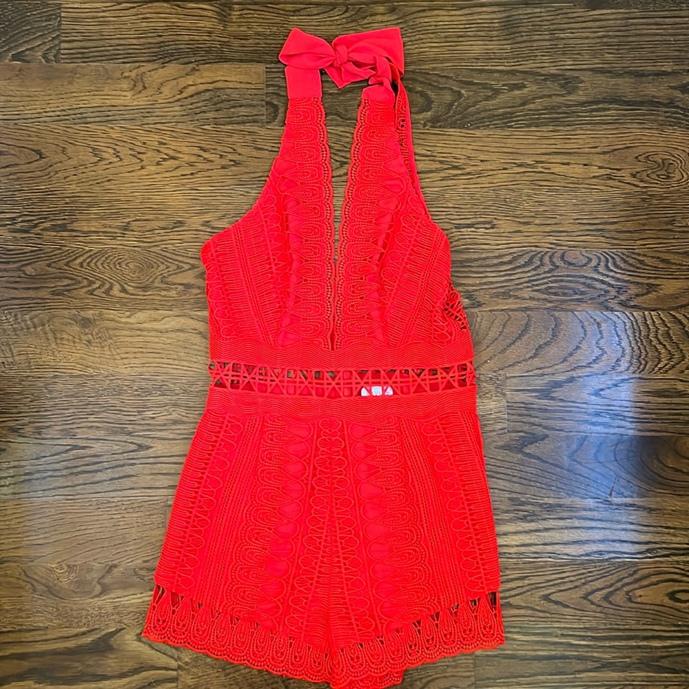 SAYLOR Red Crochet Halter Romper